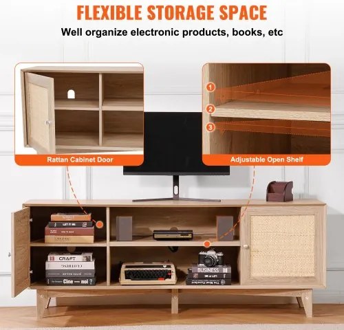 VEVOR Rattan-TV-Ständer 191cm Fernseher Boho-TV-Schrank Fernsehschrank Eiche