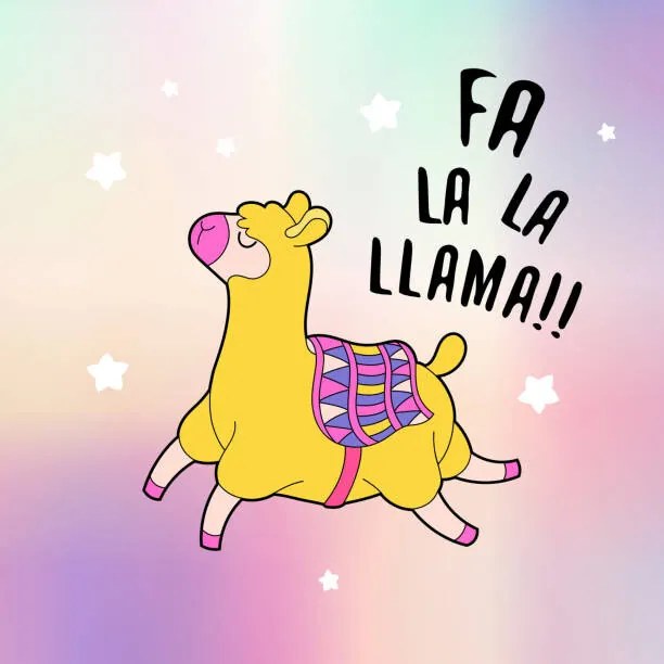 Εικονογράφηση Cute fluffy llama alpaca card. Holographic, Vivali