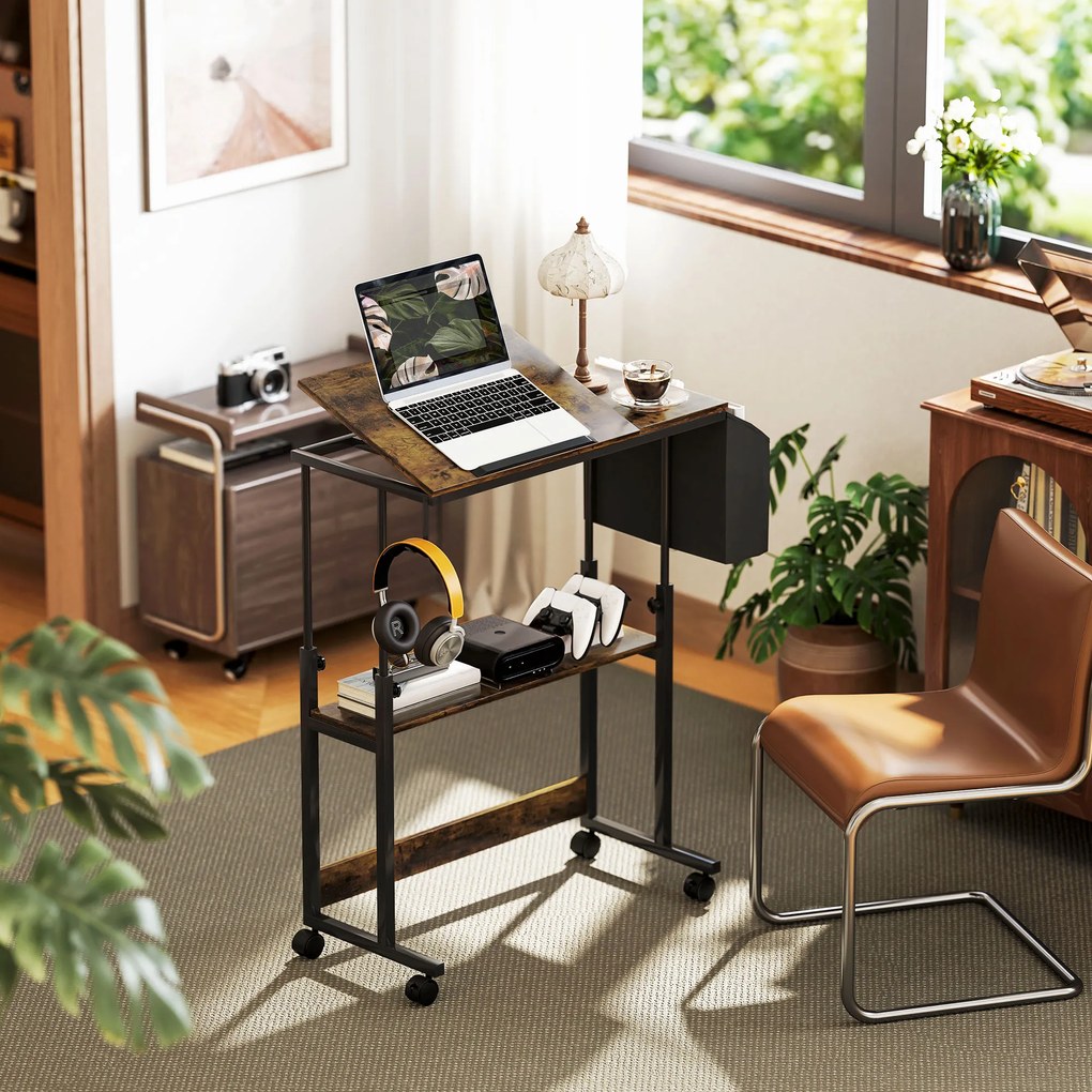 HOMCOM Ρυθμιζόμενο ύψος γραφείο με κλίση επιφάνειας εργασίας, τροχούς, ράφι αποθήκευσης, για γραφή, ανάγνωση, σχέδιο, καφέ