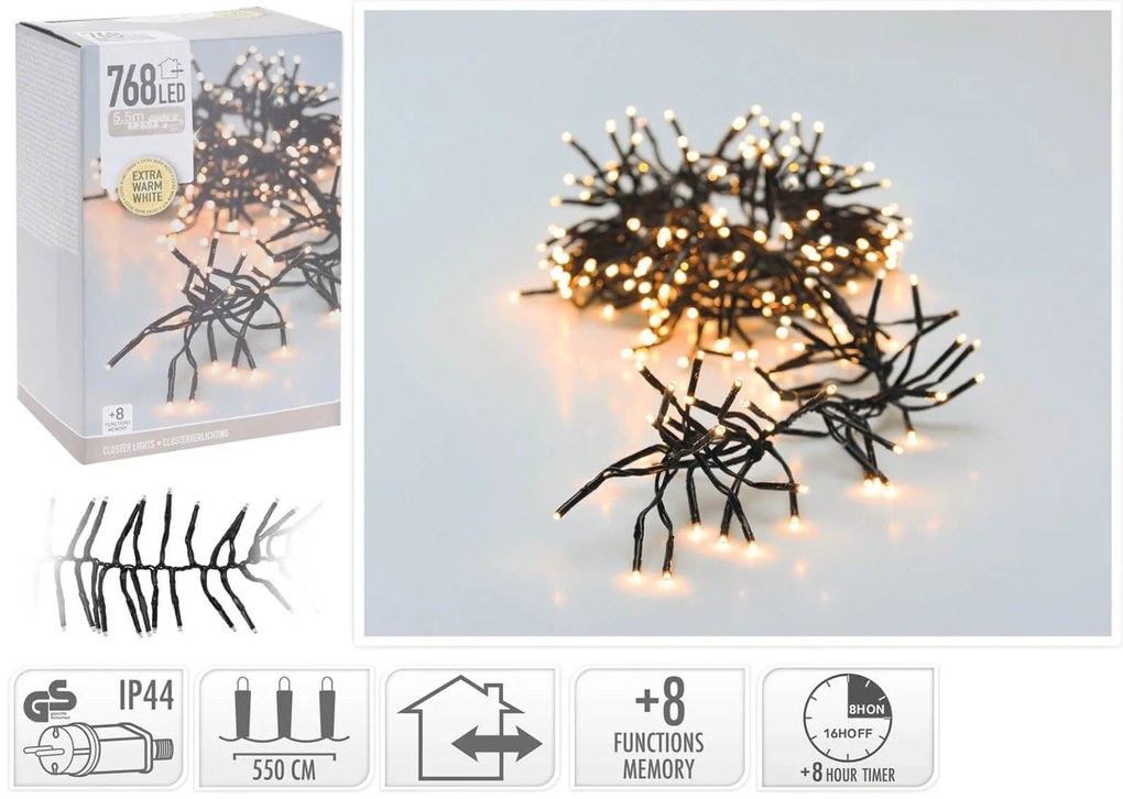 768 Φωτάκια LED - 5.5 Μέτρα + 3 Μέτρα σύνδεσης, Κανονική Διάταξη, με χειριστήριο, 8 προγράμματα, Μαύρο καλώδιο PVC - Extra Θερμό Λευκό