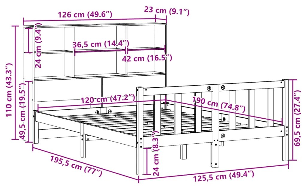 Κρεβάτι Βιβλιοθήκη Χωρίς Στρώμα 120x190 εκ Μασίφ Ξύλο Πεύκου - Καφέ