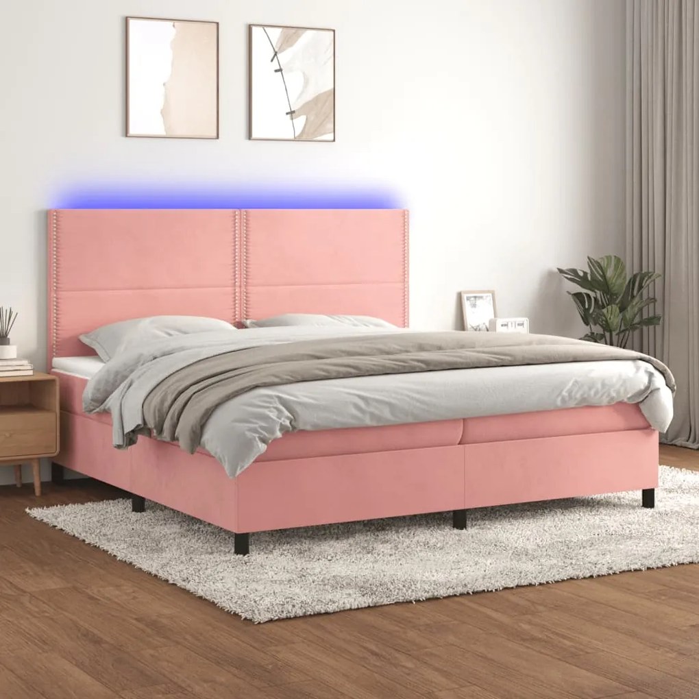 Κρεβάτι Boxspring με Στρώμα &amp; LED Ροζ 200x200 εκ. Βελούδινο