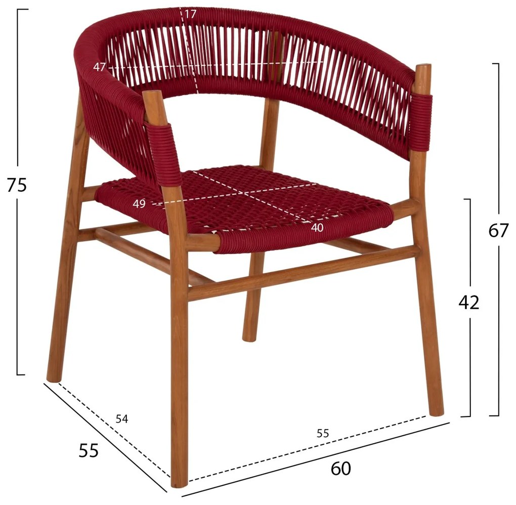 Πολυθρόνα IRVING Ξύλο Teak Φυσικό με Μπορντό Σχοινί 60x55x75Yεκ. 60x55x75 εκ.