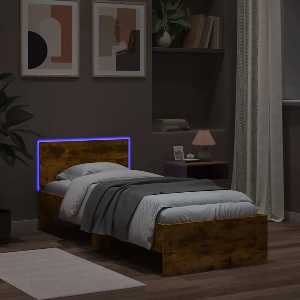 vidaXL Πλαίσιο Κρεβατιού με Κεφαλάρι/LED Καπν. Δρυς 90x200 εκ.