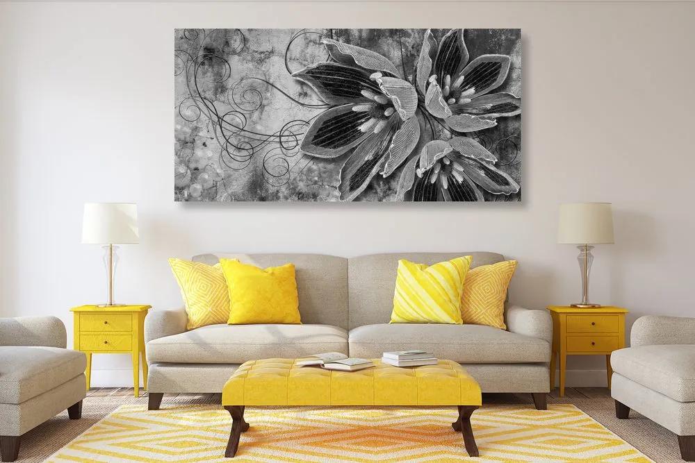 Εικόνα λουλουδιών με πέρλες σε μαύρο & άσπρο - 100x50