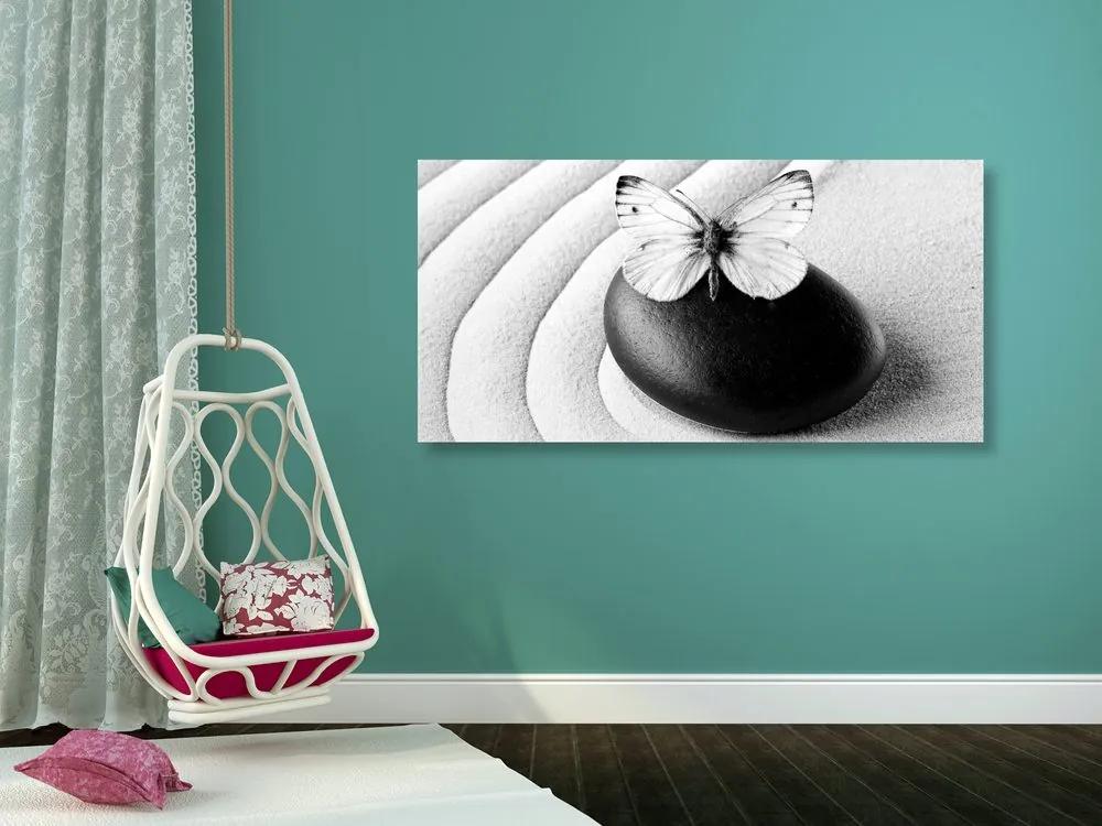 Εικόνα Zen πέτρα με πεταλούδα σε ασπρόμαυρο σχέδιο - 100x50