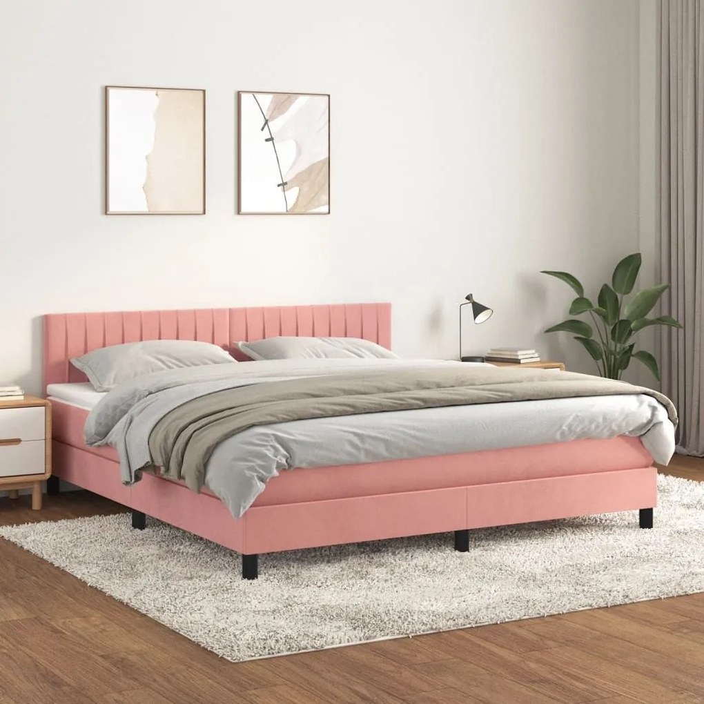 Κρεβάτι Boxspring με Στρώμα Ροζ 160x200 εκ. Βελούδινο - Ροζ