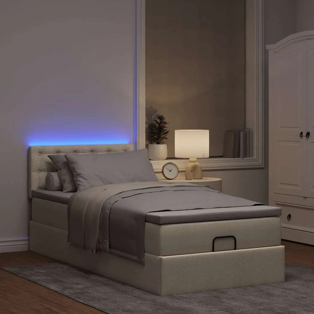 Οθωμανικό κρεβάτι με στρώμα &amp; LEDs Cream 90x190cm ύφασμα - Κρεμ