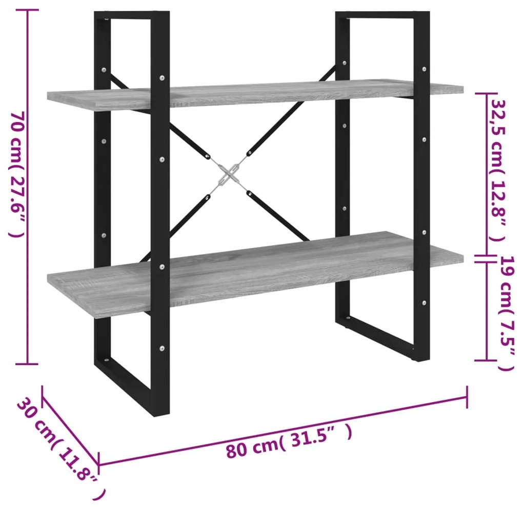 vidaXL Βιβλιοθήκη με 2 Ράφια Γκρι Sonoma 80x30x70 εκ. Επεξεργ. Ξύλο