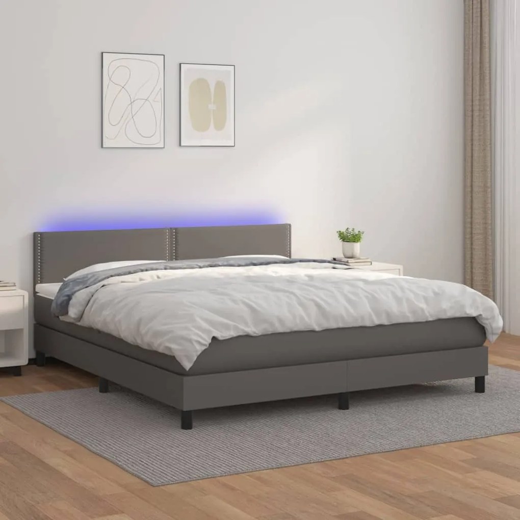 Κρεβάτι Boxspring με Στρώμα &amp; LED Γκρι 160x200 εκ. Συνθ. Δέρμα - Γκρι