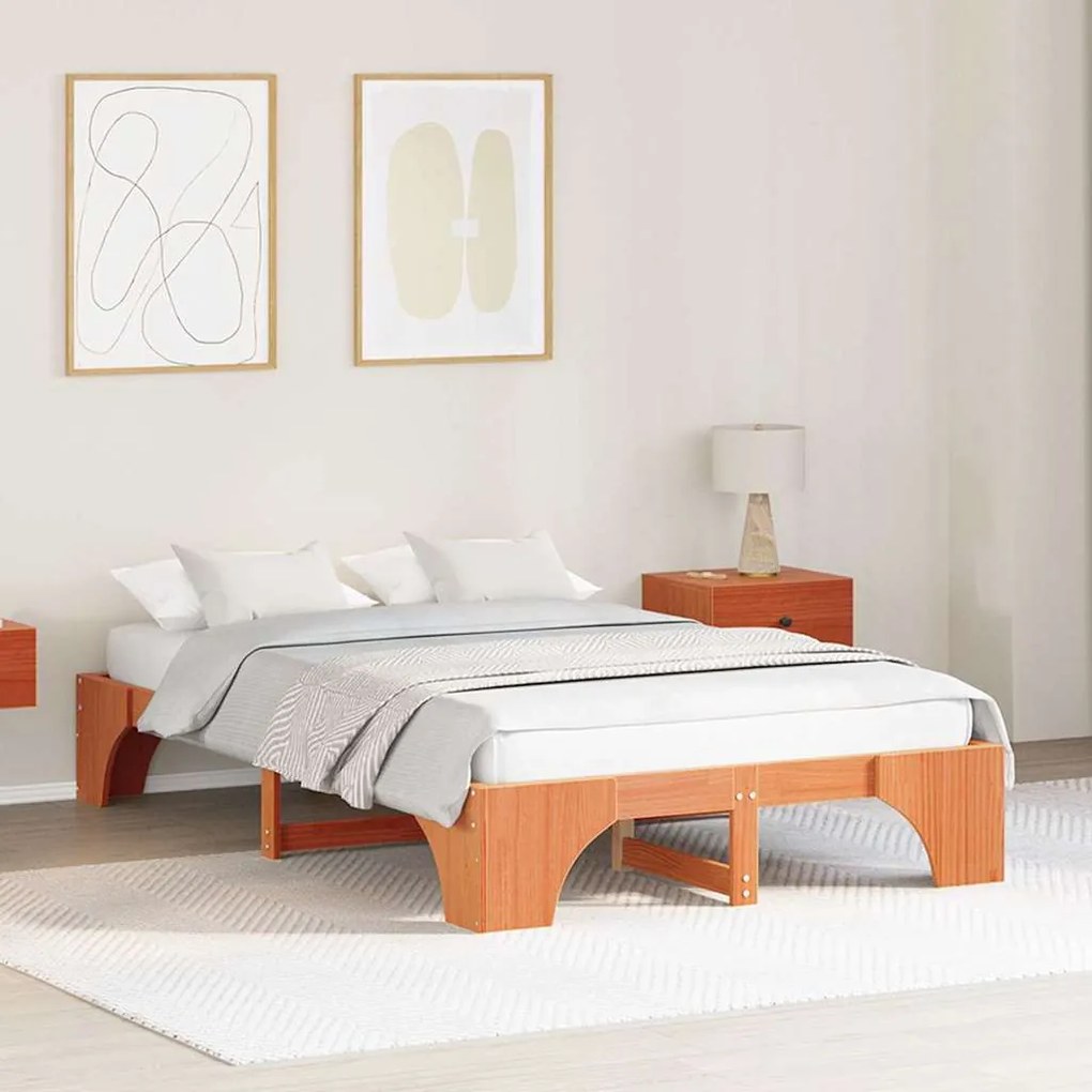 vidaXL Σκελετός Κρεβατιού Κερωμένος Καφέ 135x190 εκ. από Στερεό Ξύλο Πεύκου