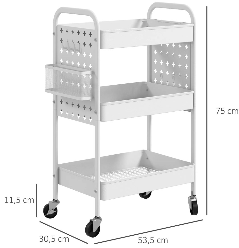 HOMCOM Πολυλειτουργικό καρότσι, καρότσι κουζίνας, 3 ράφια, 4 τροχοί, 53,5 cm x 30,5 cm x 75 cm, Λευκό