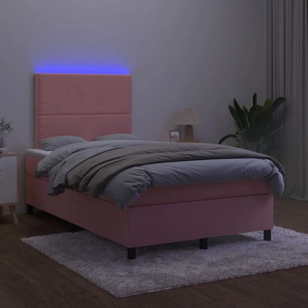 Κρεβάτι Boxspring με Στρώμα &amp; LED Ροζ 120x200 εκ. Βελούδινο - Ροζ