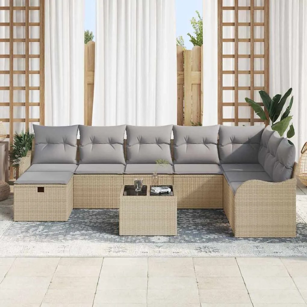vidaXL Σετ Καναπέ Κήπου με μαξιλάρι 9 pcs μπεζ και ανοιχτό γκρι