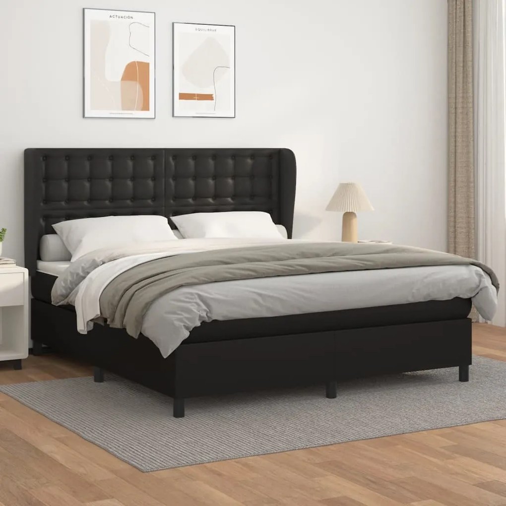 Κρεβάτι Boxspring με Στρώμα Μαύρο 180x200εκ.από Συνθετικό Δέρμα - Μαύρο