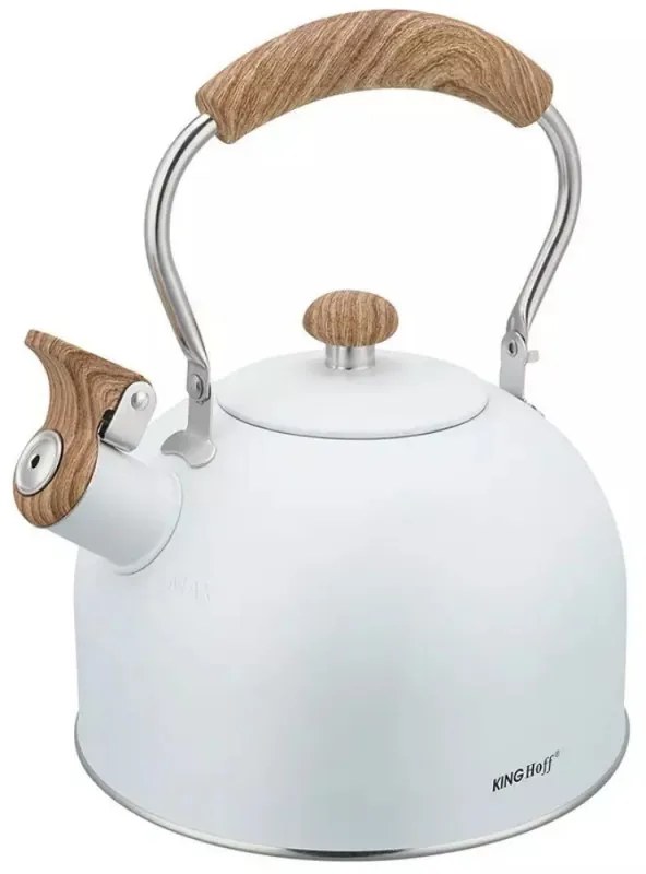 Τσαγιέρα με σφυρίχτρα Kinghoff KH 1860, 2.5 l, Επαγωγή, Ξύλινη λαβή, Λευκό