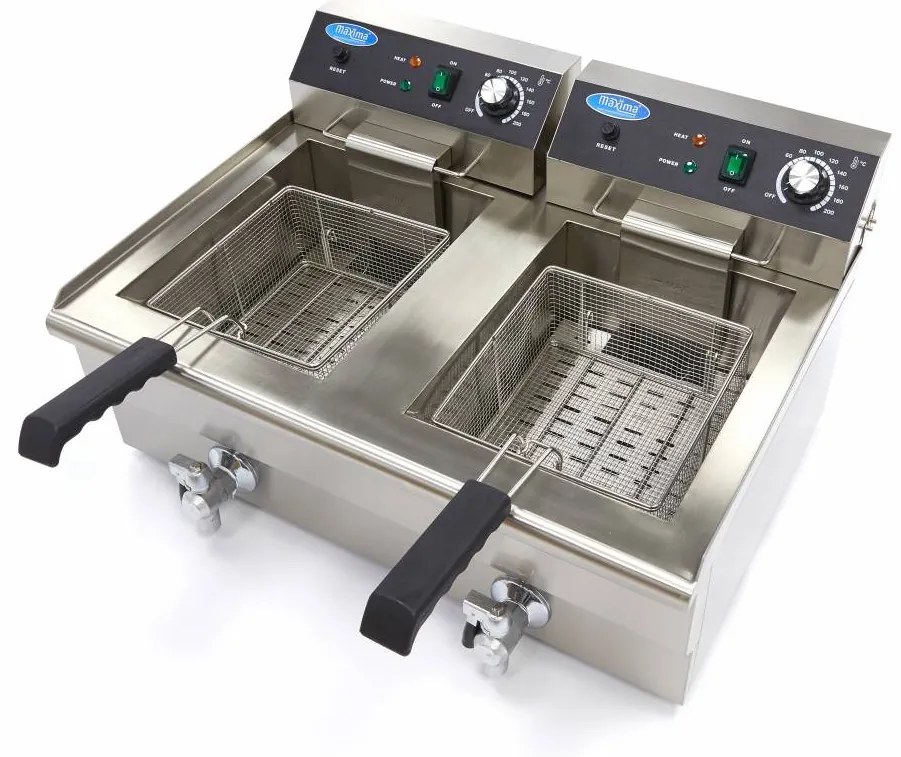 Deep Fryer - 2 x 16L - 2 Baskets - with Drain Tap