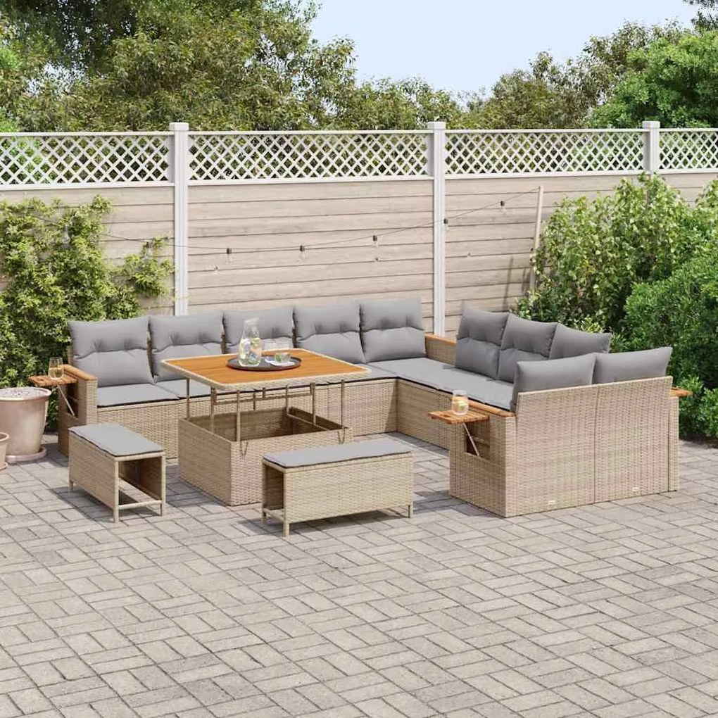 vidaXL Σετ Καναπέ Κήπου με μαξιλάρι 13 pcs Μπεζ Πολυ ράταν
