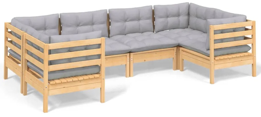 vidaXL Σαλόνι Κήπου Σετ 6 Τεμαχίων Ξύλο Πεύκου με Γκρι Μαξιλάρια