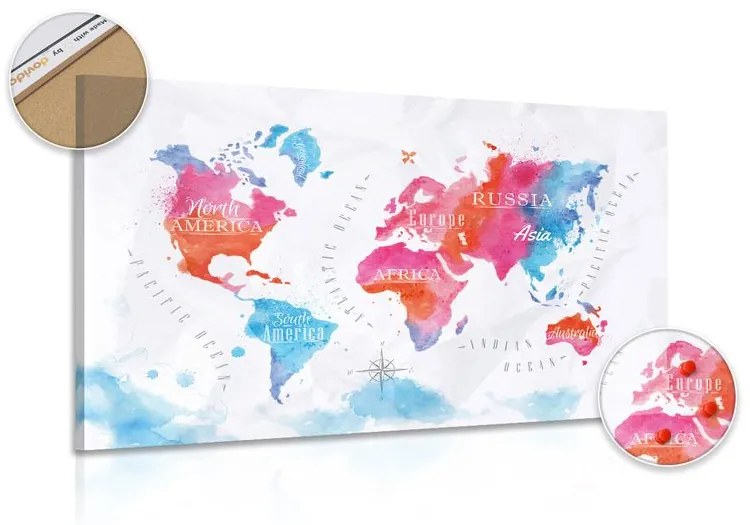 Εικόνα στον παγκόσμιο χάρτη ακουαρέλα φελλού - 90x60  flags