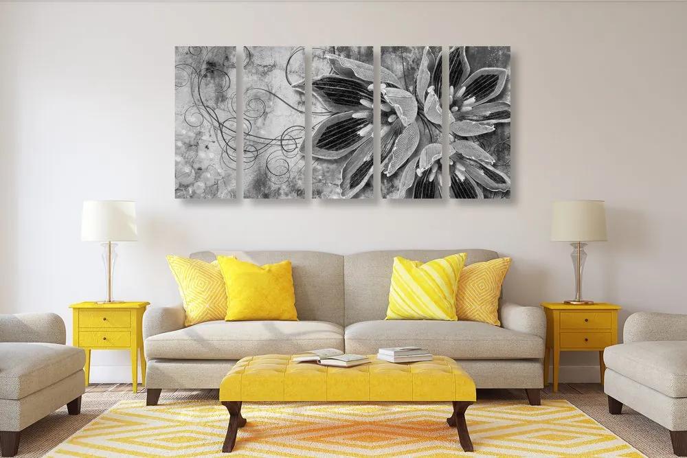 5 μέρη εικόνα λουλούδια με πέρλες σε μαύρο & άσπρο - 100x50