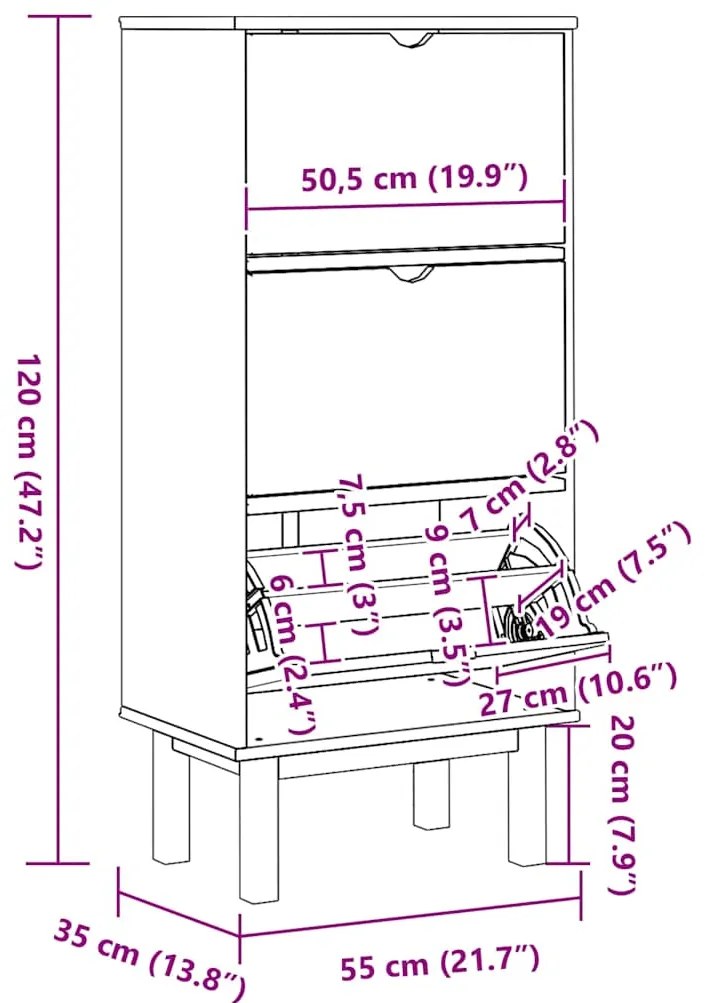 vidaXL Παπουτσοθήκη OTTA με 3 Συρτάρια Καφέ από Μασίφ Ξύλο Πεύκου
