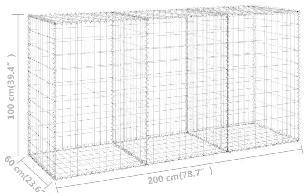 Συρματοκιβώτιο Τοίχος 200x60x100 εκ. Γαλβαν.Χάλυβας + Καλύμματα - Ασήμι