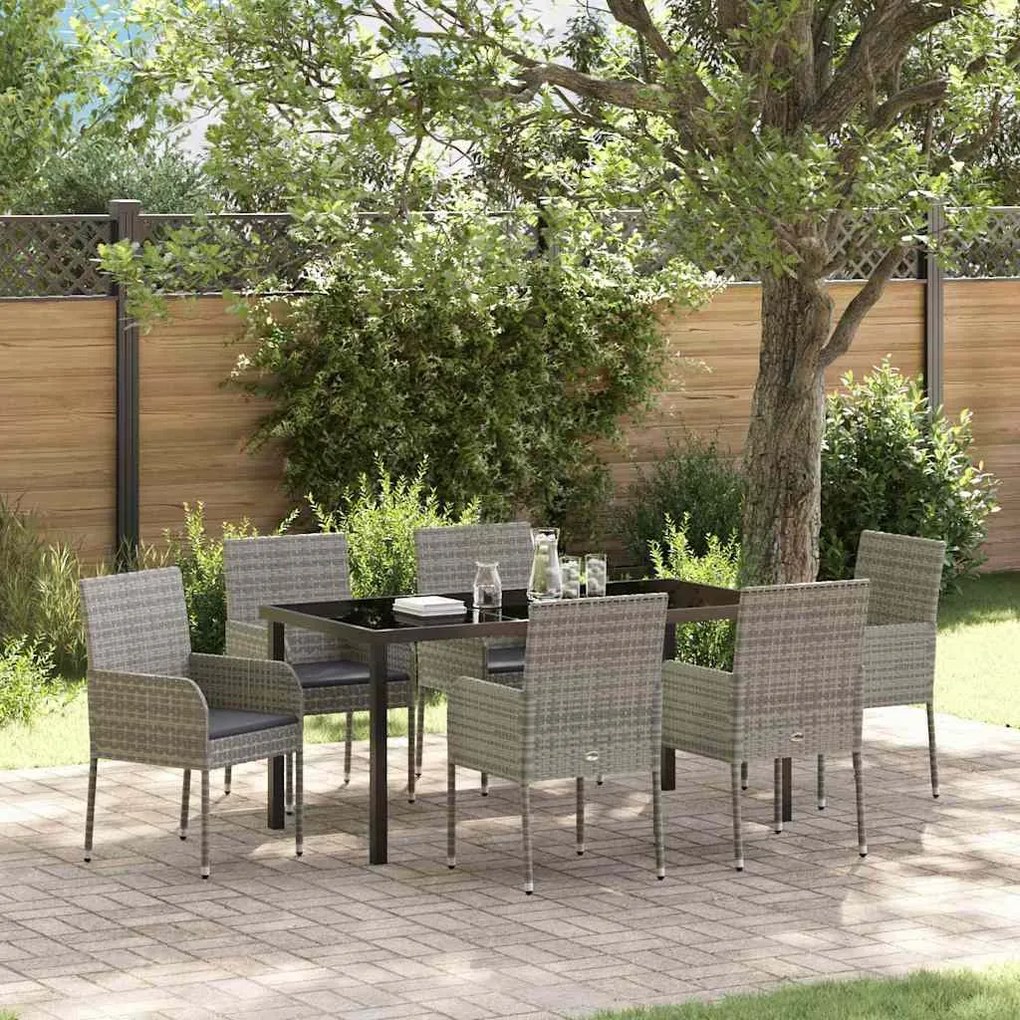 vidaXL Σέτ φαγητού για κήπο με μαξιλάρι 7 pcs Γκρι Πολυ ράταν