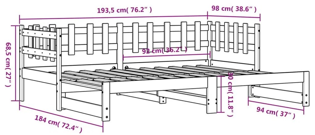 Καναπές Κρεβάτι Συρόμενος Μαύρος 2x(90x190) εκ. από Μασίφ Πεύκο - Μαύρο