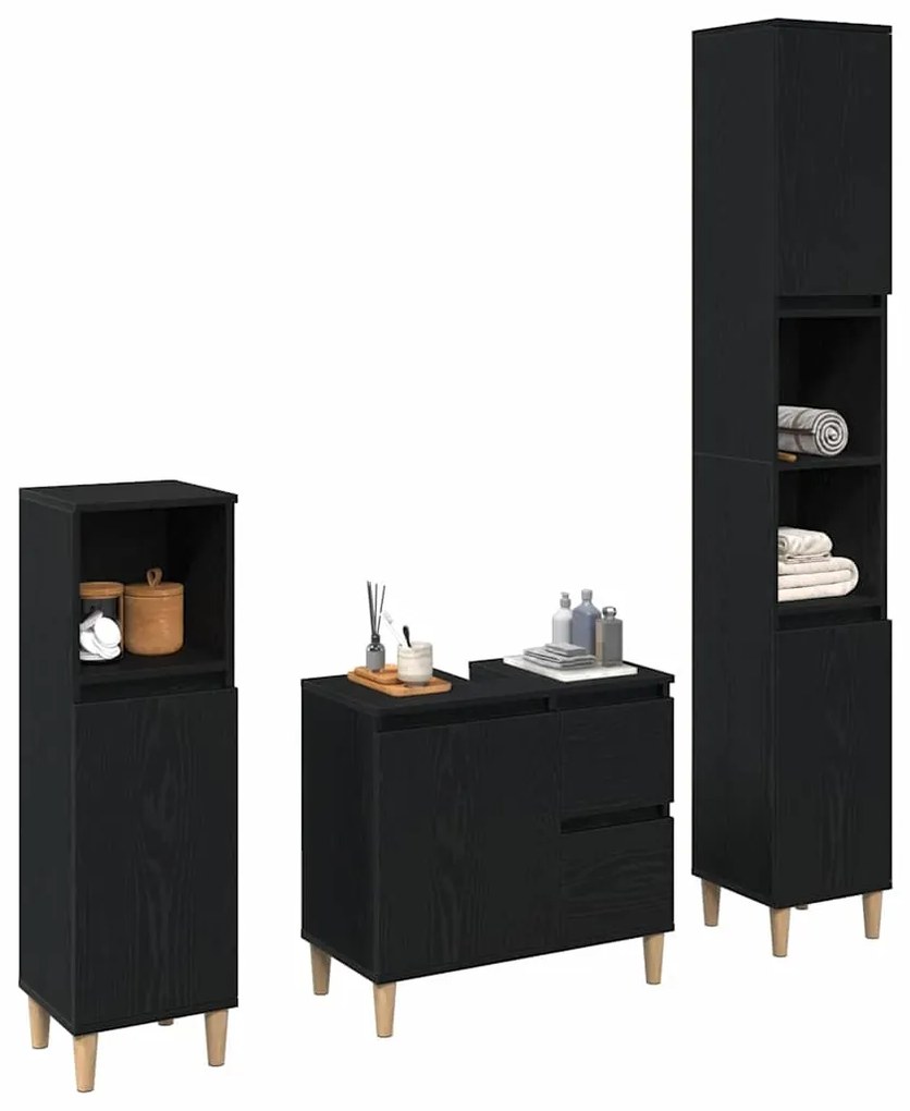 vidaXL Σετ Επίπλων Μπάνιου με συρτάρι 3 pcs Μαύρο 30 x 30 x 180 cm