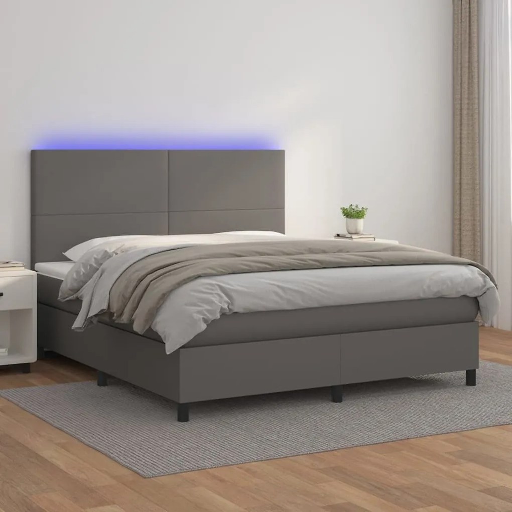 Κρεβάτι Boxspring με Στρώμα &amp; LED Γκρι 160x200 εκ. Συνθ. Δέρμα - Γκρι