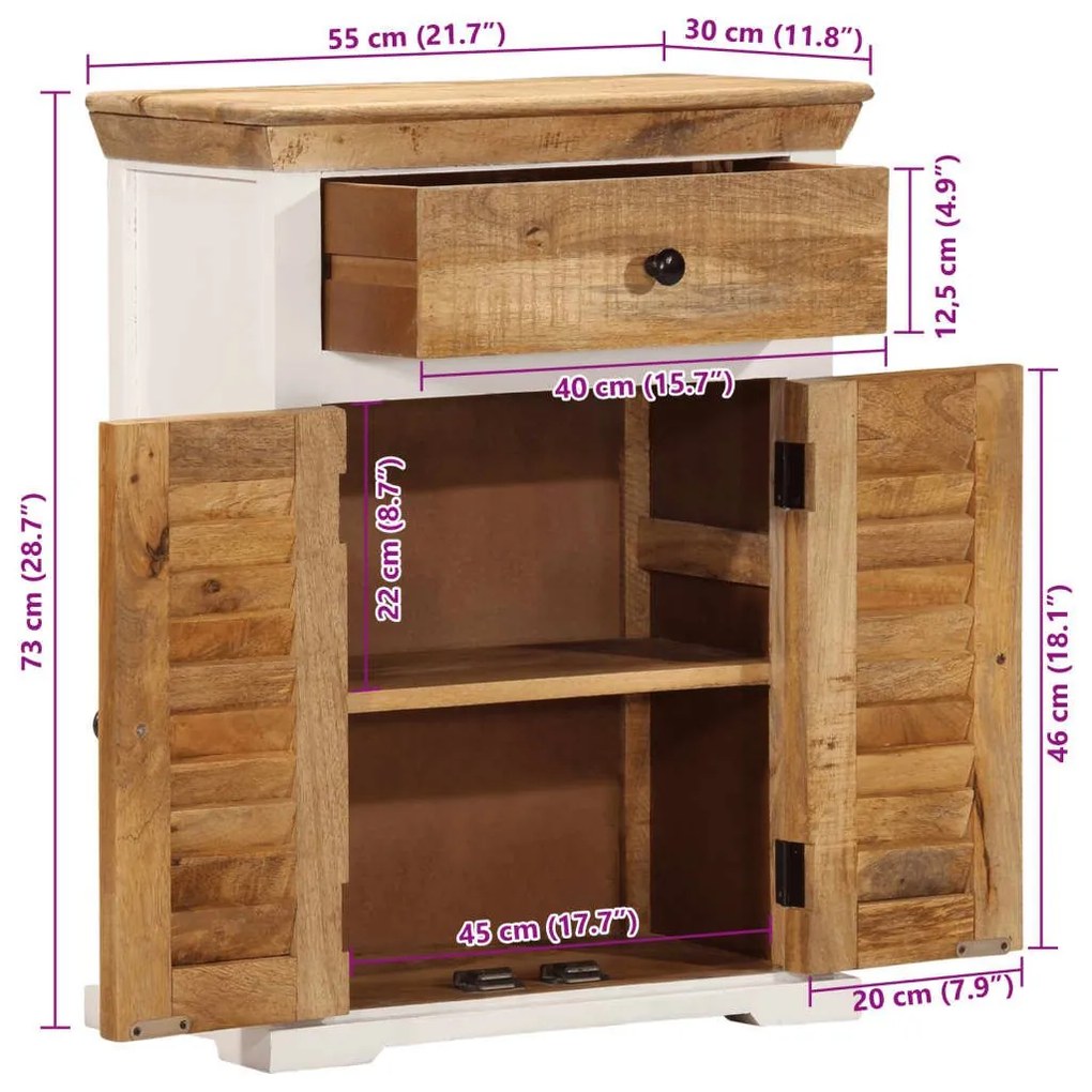 Ντουλάπι Λευκό και Καφέ 55x30x73 εκ. Μασίφ Ακατεργ. Ξύλο Μάνγκο - Καφέ