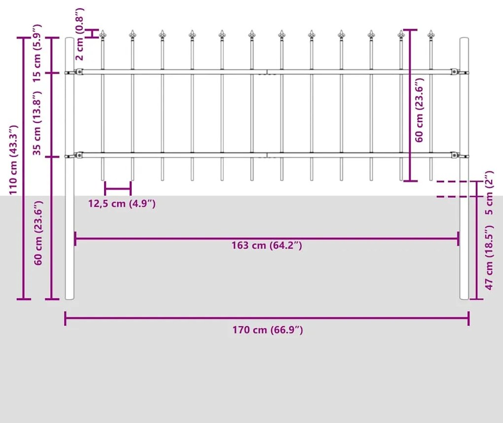 vidaXL Φράχτης Κήπου Γκρι 1.7 x 0.6 μ Ατσάλι με Επικάλυψη Πούδρας