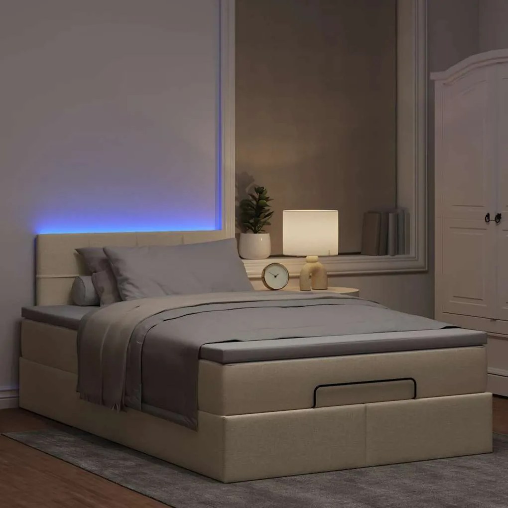 vidaXL Οθωμανικό κρεβάτι με στρώμα & LEDs Cream 120x190cm ύφασμα