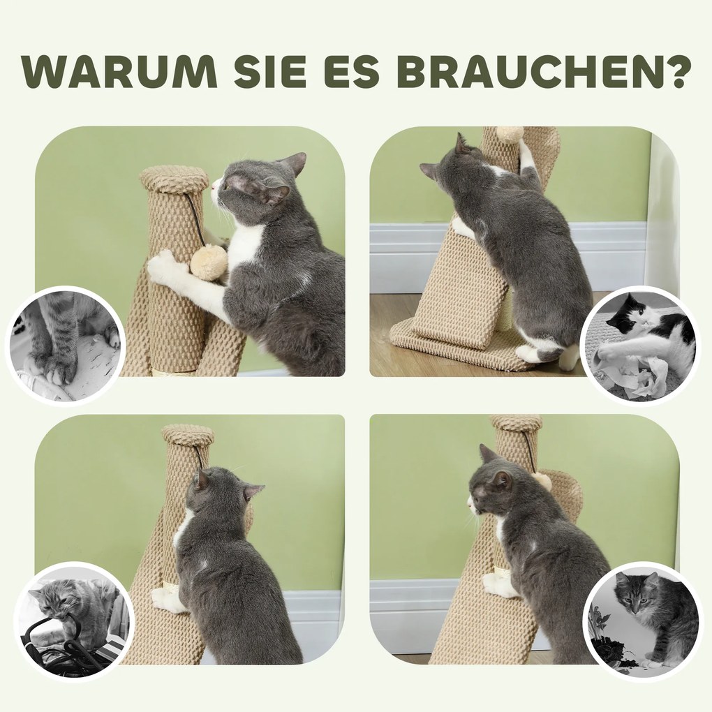 PawHut Δέντρο για γάτες με σανίδα ξυσίματος, μπάλα παιχνιδιού, δομή με ανάγλυφες επιφάνειες/σιζάλ, 54 cm, Ανοιχτό Καφέ