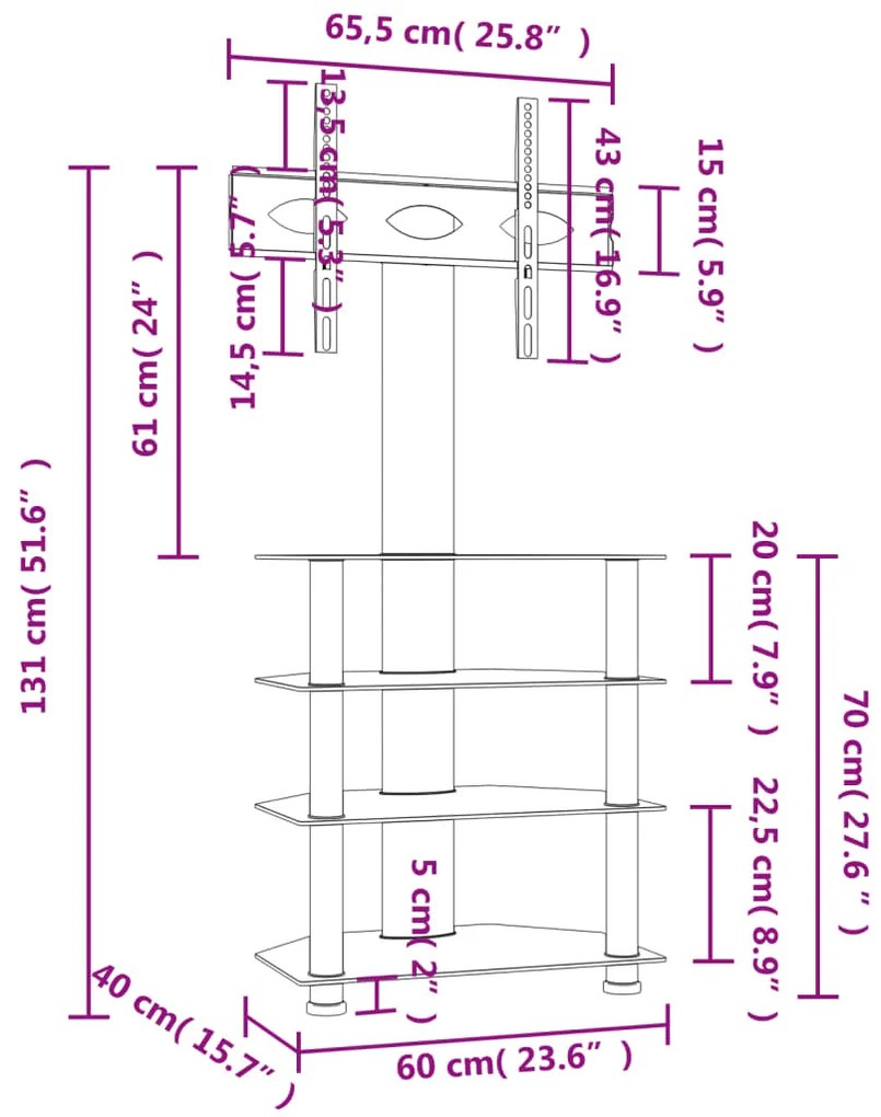 Βάση Τηλεόρασης Γωνιακή 4 Επιπέδων για 32-70 Ιντσών Μαύρη/Ασημί - Μαύρο