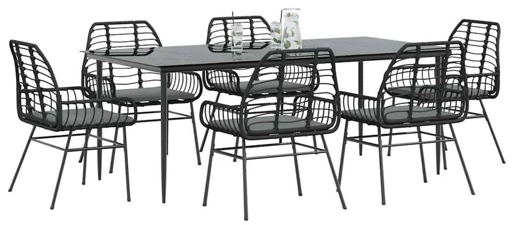 vidaXL Σετ Τραπεζαρίας Κήπου 7Τεμ. Μαύρο Συνθ.Ρατάν/Γυαλί με Μαξιλάρια