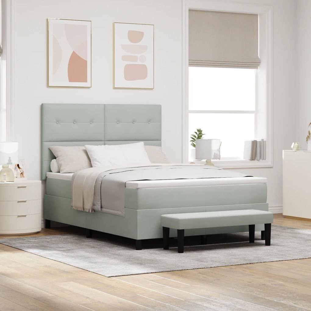 vidaXL Κρεβάτι Box Spring με στρώμα & πάγκο ανοιχτό γκρι 140x190 εκ. βελούδο