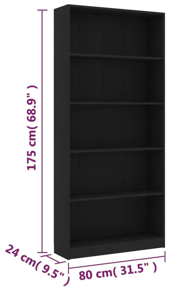 Βιβλιοθήκη με 5 Ράφια Μαύρη 80 x 24 x 175 εκ. από Μοριοσανίδα - Μαύρο