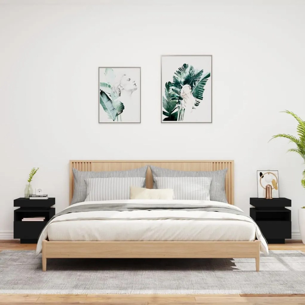 vidaXL Κομοδίνα με Φώτα LED 2 τεμ. Μαύρα 40x39x48,5 εκ.