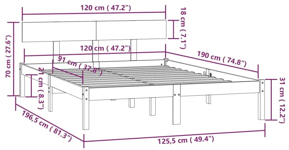 ΠΛΑΙΣΙΟ ΚΡΕΒΑΤΙΟΥ ΓΚΡΙ 120X190 ΕΚ. ΜΑΣΙΦ ΠΕΥΚΟ UK SMALL DOUBLE 810119