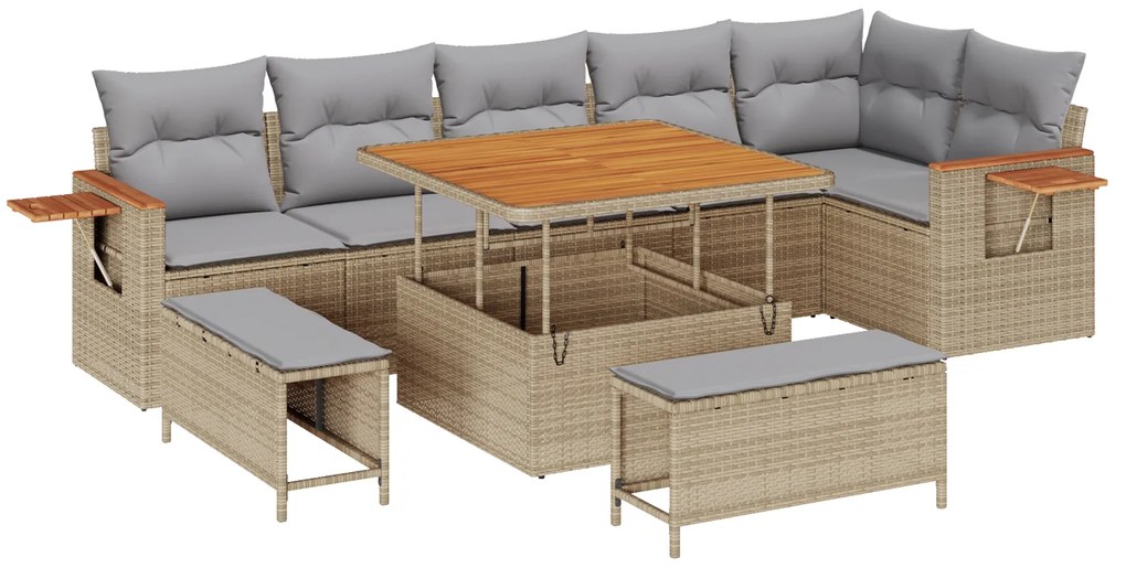 vidaXL 9 Τμήμα Σαλονιού Κήπου με Μαξιλάρια Μπεζ Poly Rattan Acacia