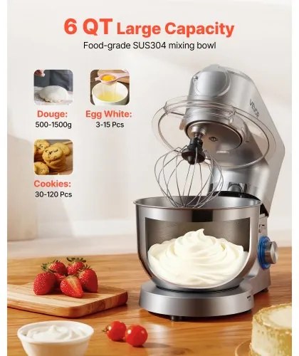 VEVOR Stand Mixer, 6 L Electric Kitchen Mixer, 1500W Dough-Mixer, 6+P Speeds Tilt-head Food-Mixer with 1.5 L Blender Cup, Stainless Steel Bowl, Dough Hook, Whisk, Beater, for Baking, Mixing, Silver