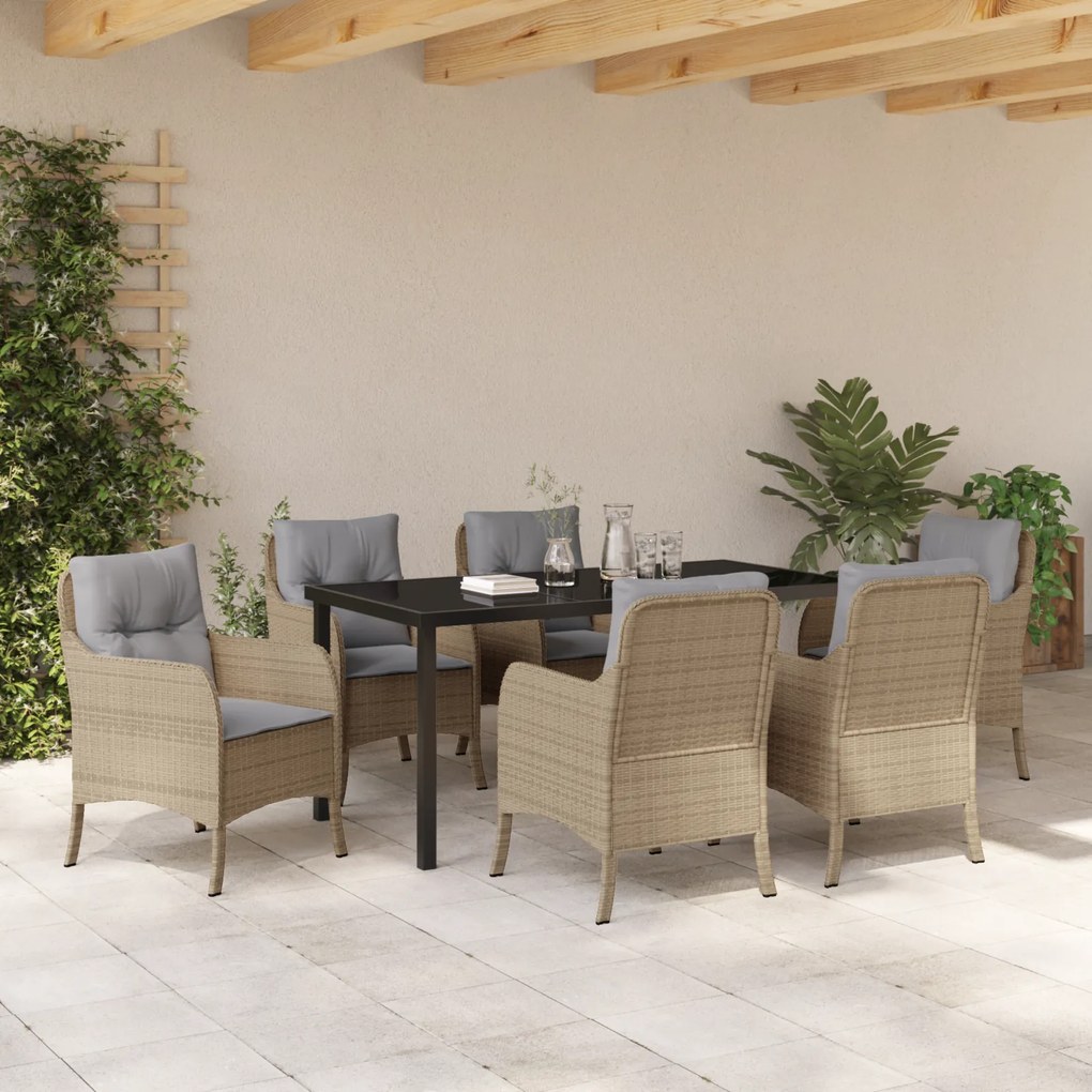 vidaXL Σέτ φαγητού για κήπο με μαξιλάρι 7 pcs Μπεζ Πολυ ράταν