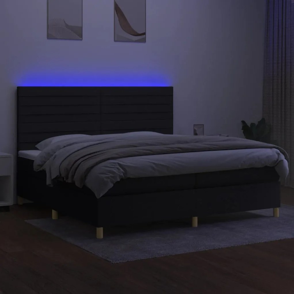 vidaXL Κρεβάτι Boxspring με Στρώμα & LED Μαύρο 200x200 εκ. Υφασμάτινο