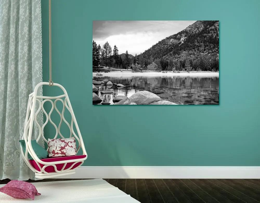 Εικόνα λίμνης σε όμορφη φύση σε ασπρόμαυρο - 120x80