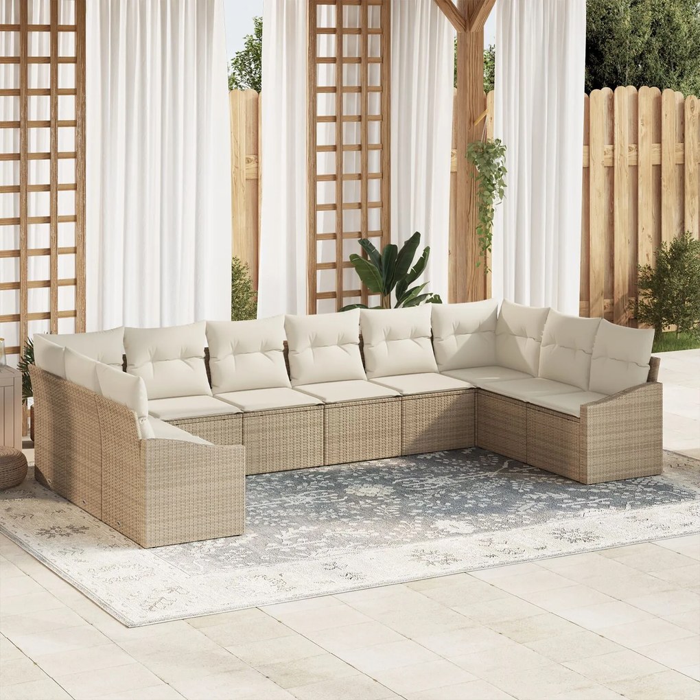 vidaXL Set 10 Τεμαχίων Καναπέ Κήπου με Μαξιλάρια Μπεζ Πολυ Ρατάν