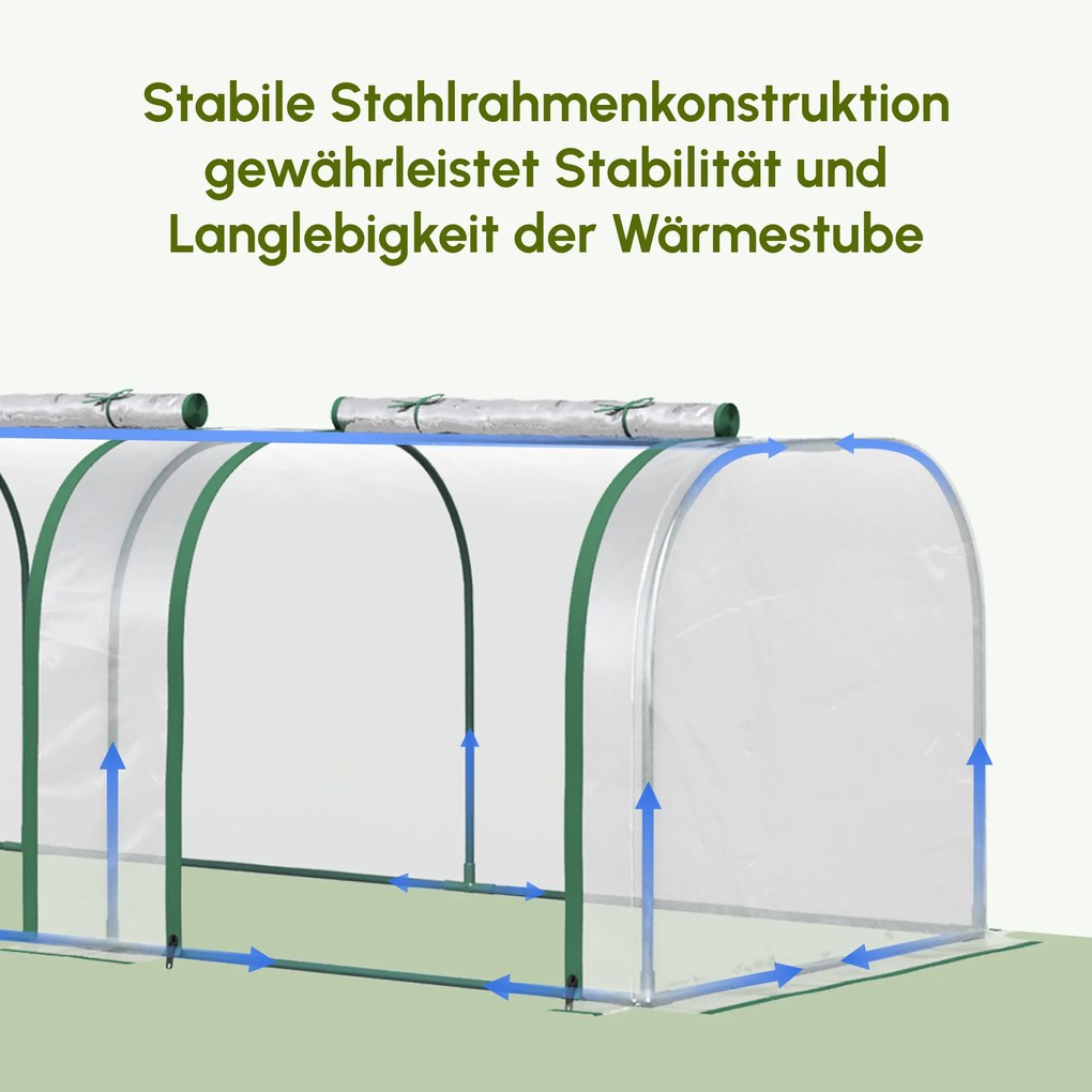 Θερμοκήπιο Outsunny με κάλυμμα, τρεις πόρτες που τυλίγονται, ατσάλινο πλαίσιο, διαφανές, 295 x 100 x 80 cm