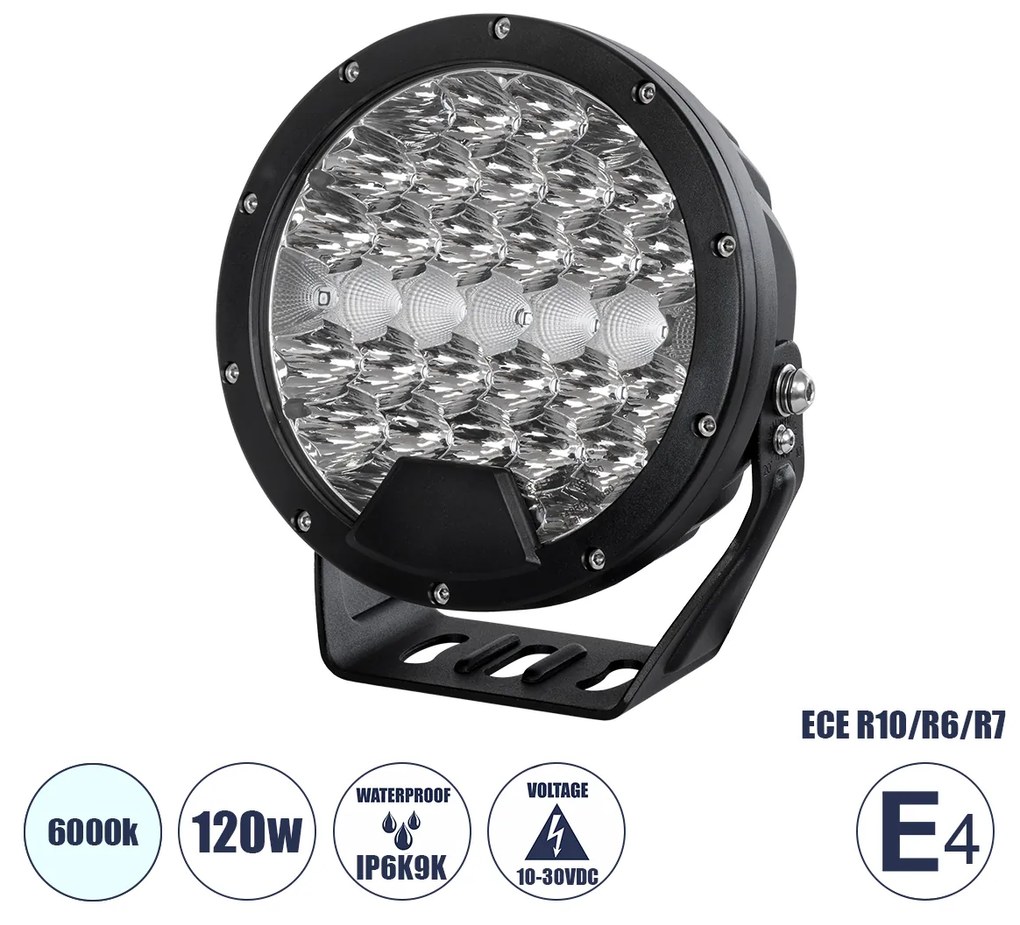 GloboStar® 85338 E4 Mark Vehicle &amp; JEEP Work Lights - Φώτα Εργασίας για Οχήματα και JEEP LED High Power 120W DC 10-30V Αδιάβροχo IP6K9K Ψυχρό Λευκό 6000K M18 x Π7 x Υ19cm