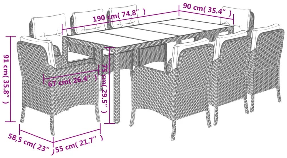 vidaXL Σετ Τραπεζαρίας Κήπου 9 τεμ Μαύρο από Συνθ. Ρατάν με Μαξιλάρια